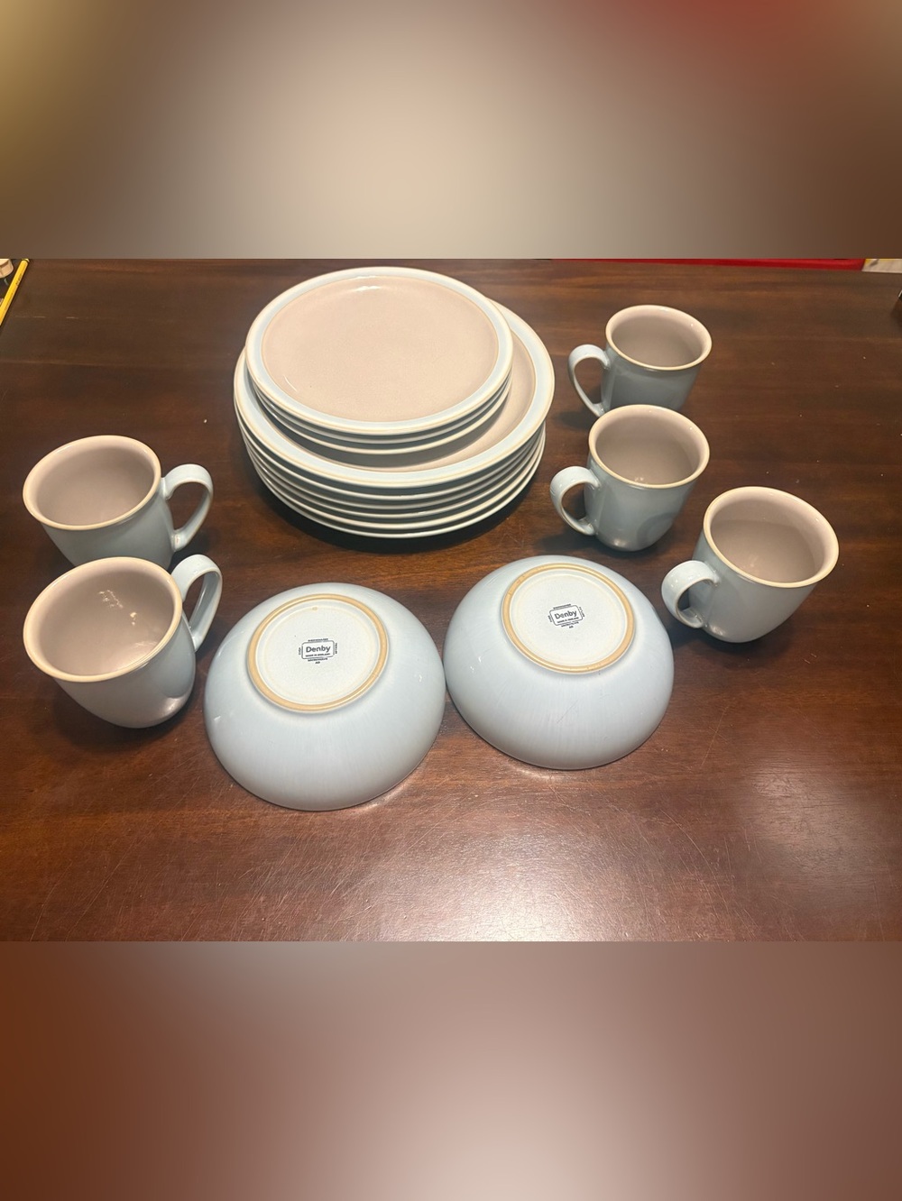 Denby England Stoneware 16 Piece Dinnerware Set Blue Gray Plates Mugs